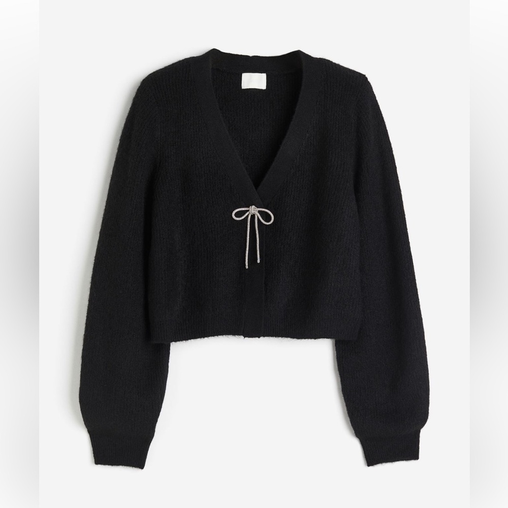 Black knit cardigan white diamond bow